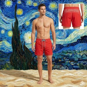 Vilebrequin Men's XXL Red Spellout Logo Flat Front Boardshorts Swim Trunks